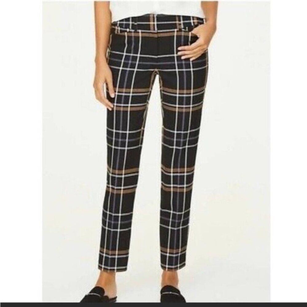 Loft Skinny Ankle Black Brown White Striped Plaid Business Office Pants Sz 10
